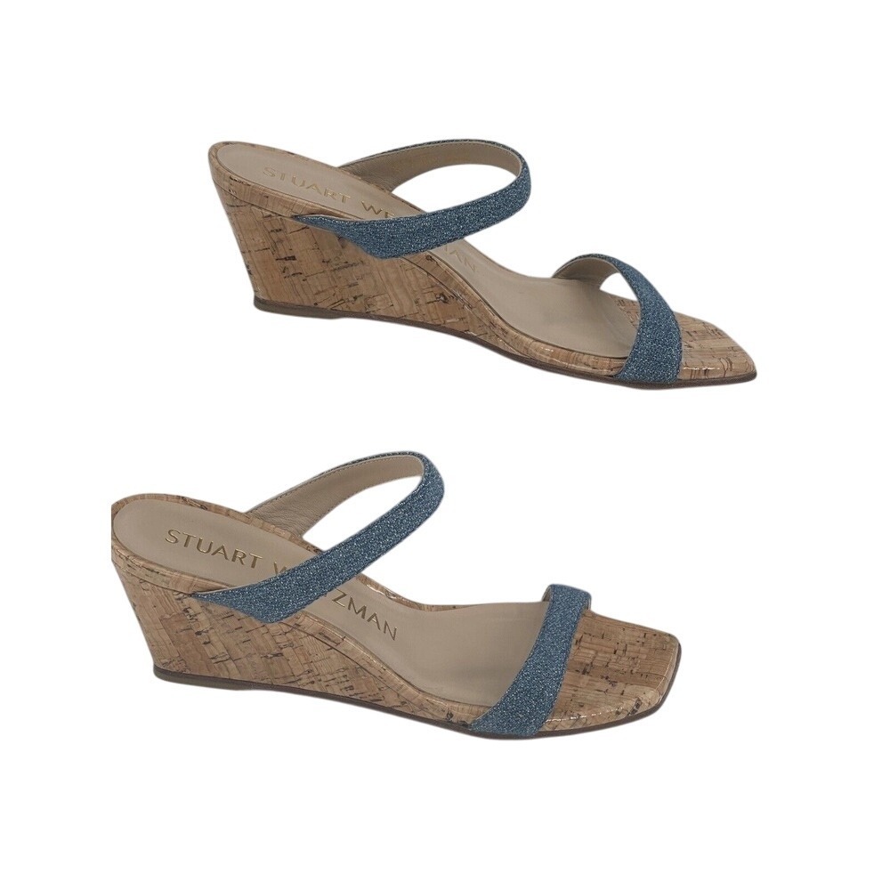 Stuart Weitzman Wedge Sandal Square Toe‎ Heel Washed Blue Women's Size 5.5 New - Picture 1 of 12